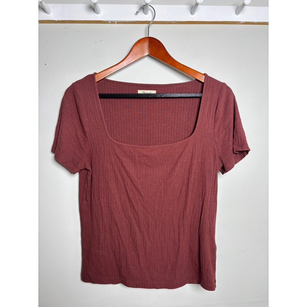 Madewell Burgundy Ribbed Square Neck Tee Short Sleeve Top Women's Medium